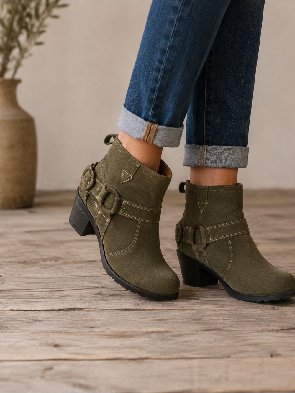 Josef Seibel Skyla Olive Green Suede Ankle Boots Buckle Heeled Booties Comfort